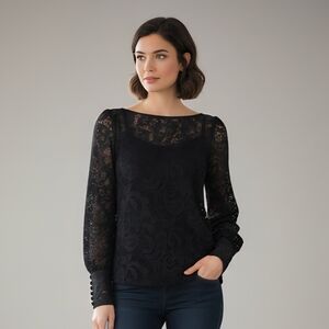 RW&CO Black Lace Top Size M Holiday  Party Career Dark Academia Blouse Romantic